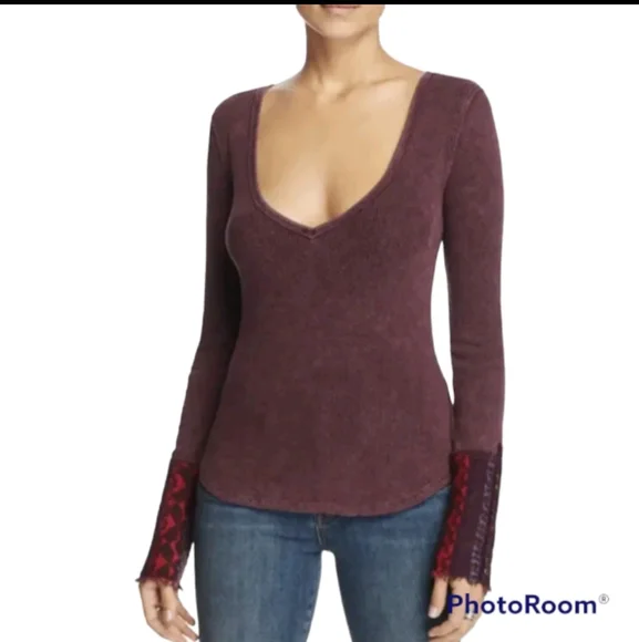 Free People Art School Embroidered S V-Neck Thermal Waffle Knit Long Sleeve Top - Picture 8 of 9